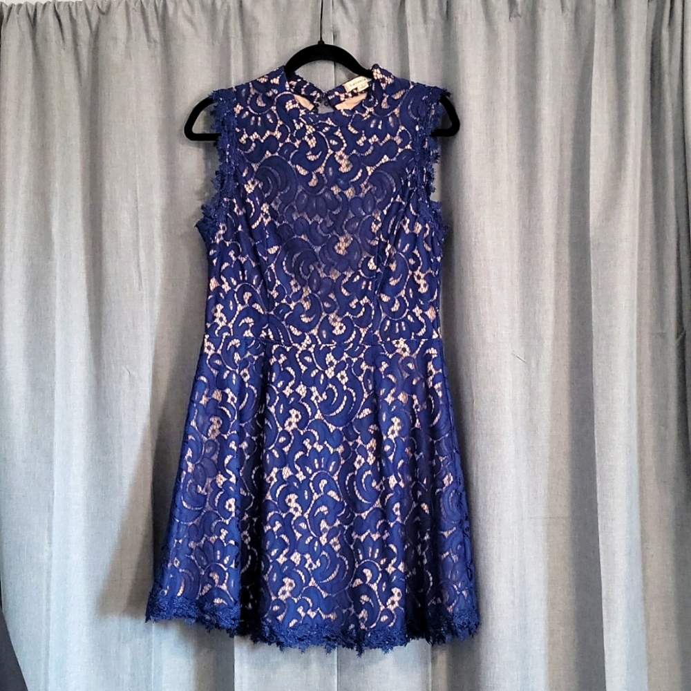 Rich blue lace open back dress